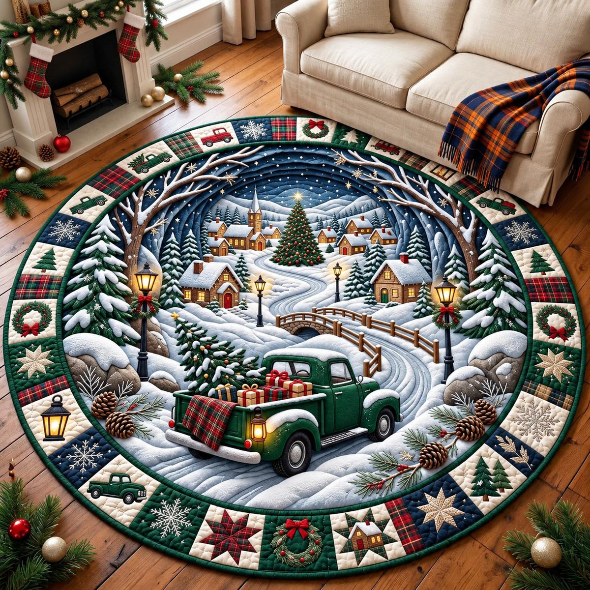 Christmas Bridge Truck Round Mat Rug - Seasonal Design | Festive Home Decor - washable non-slip printed rug