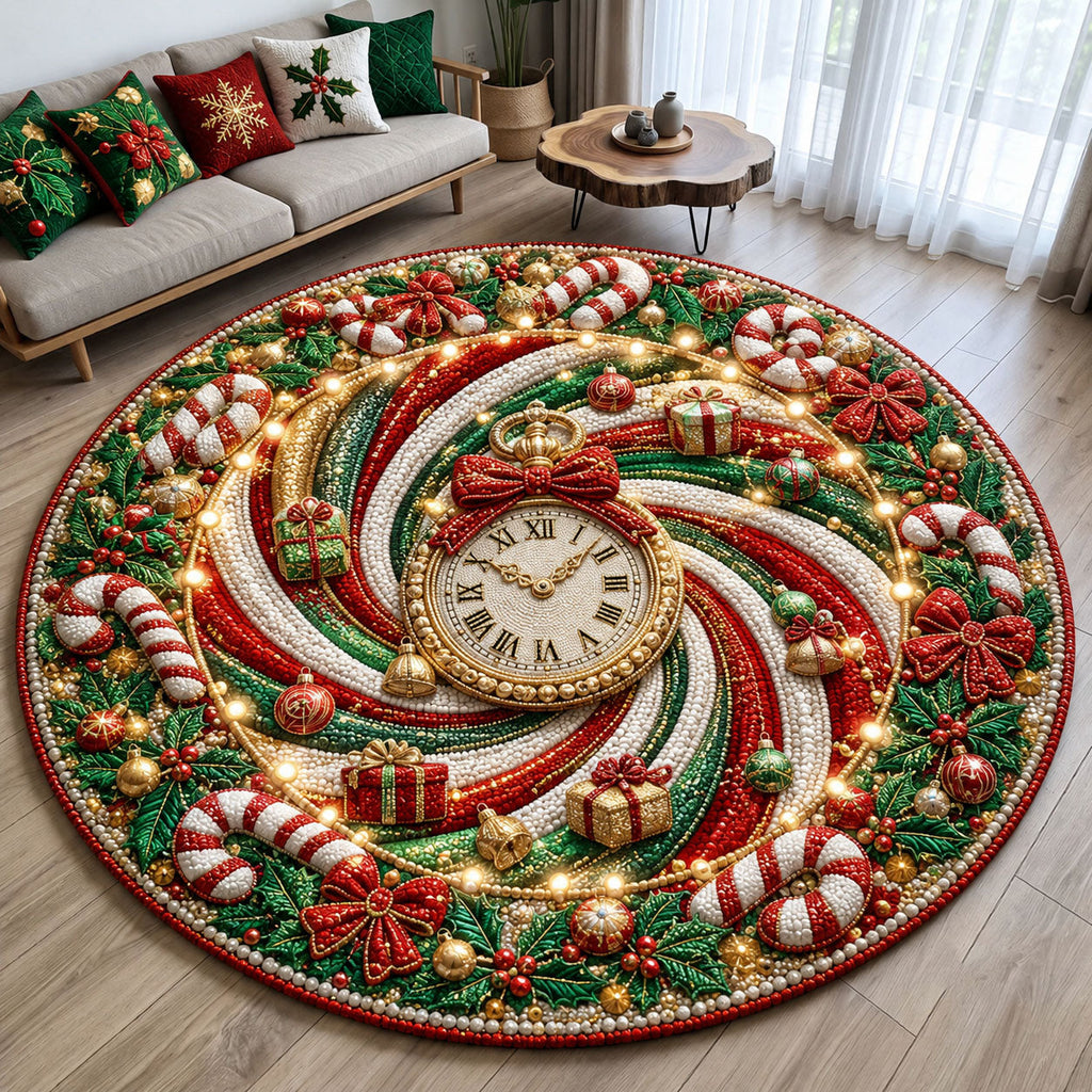Christmas Candy Clock Round Mat Rug - Seasonal Design | Festive Home Decor - washable non-slip printed rug