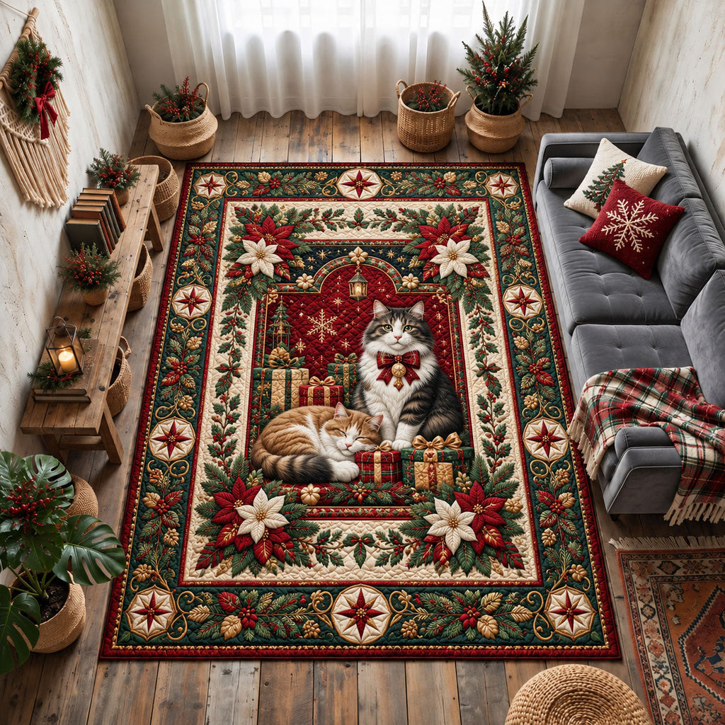 Christmas Cat Family area rug in a living room