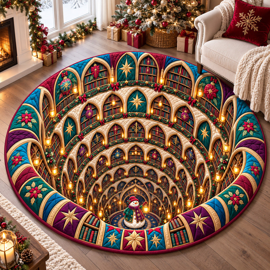 Christmas Cathedral Library Round Mat Rug - Seasonal Design | Festive Home Decor - washable non-slip printed rug