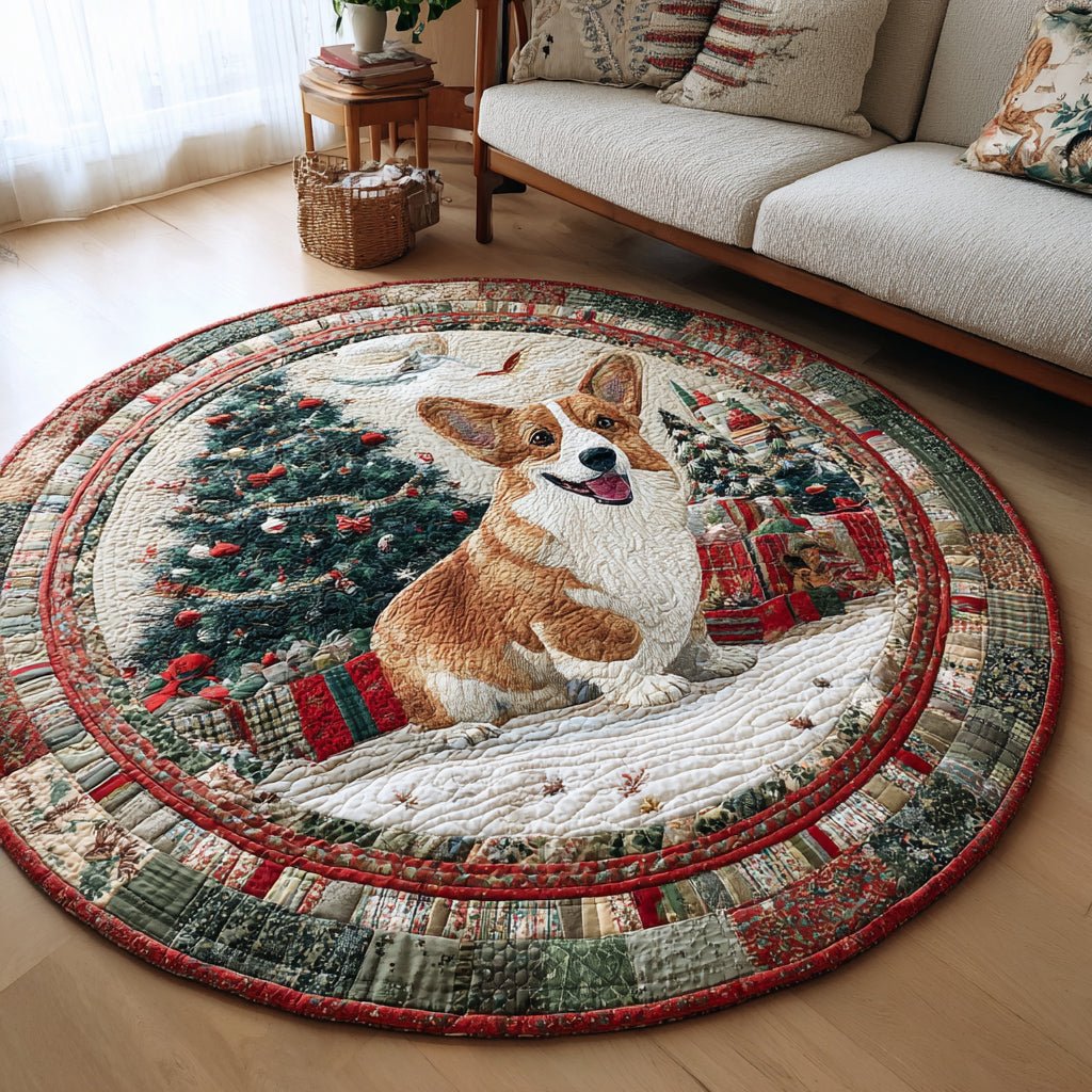 Christmas Corgi Cheer Round Mat Rug - Cute Pet Design | Animal Printed Home Decor