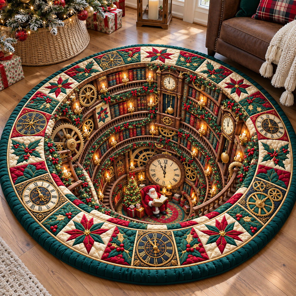 Christmas Countdown Library Round Mat Rug - Seasonal Design | Festive Home Decor - washable non-slip printed rug