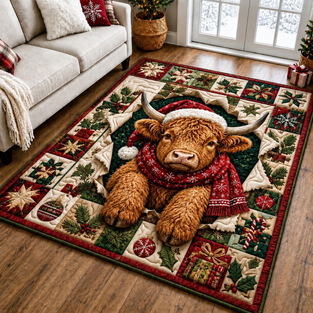 Christmas Cow Wishes area rug in a living room