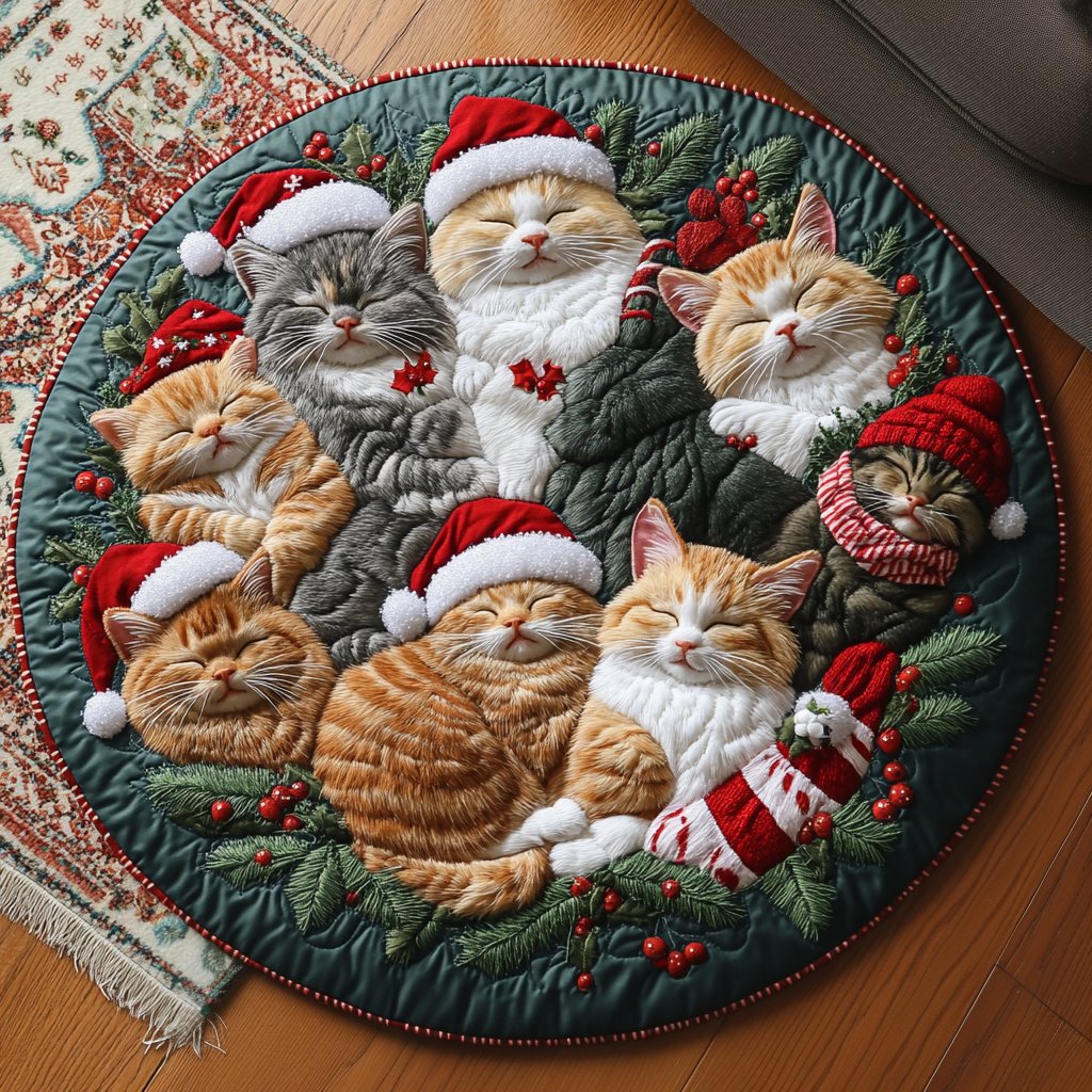 Christmas Cozy Catnap Round Mat Rug - Cute Pet Design | Animal Printed Home Decor