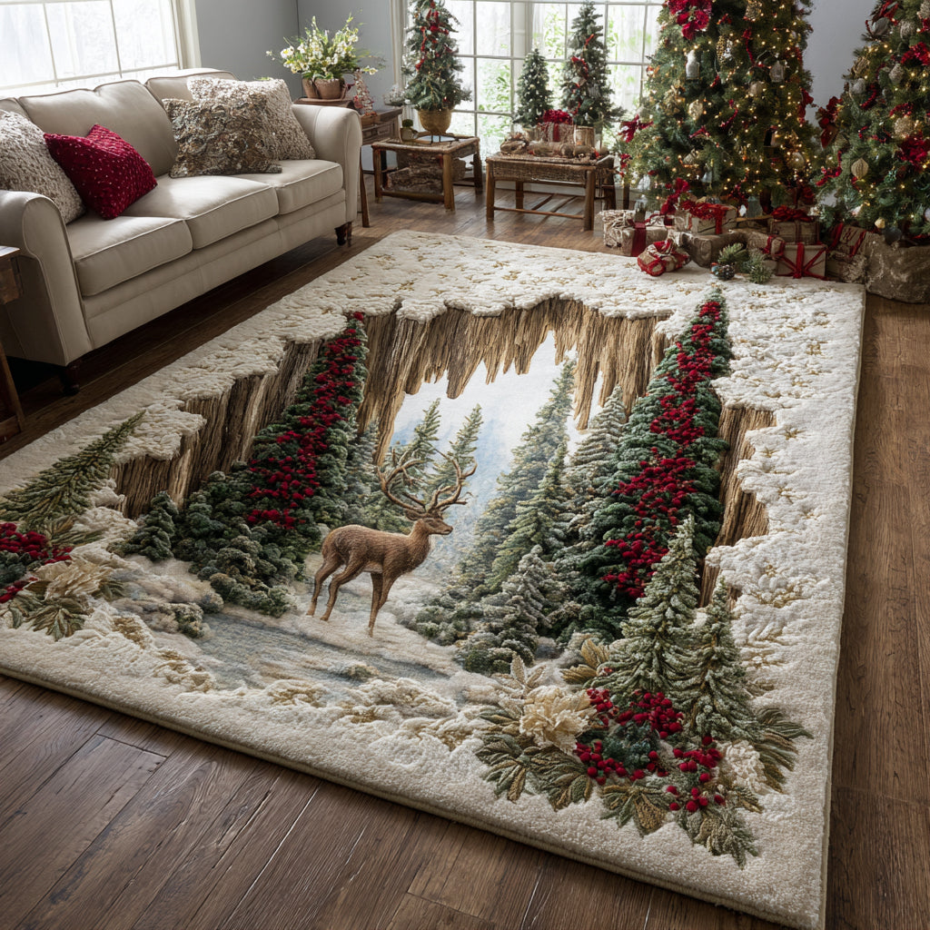 Christmas Deer Wonder area rug in a living room