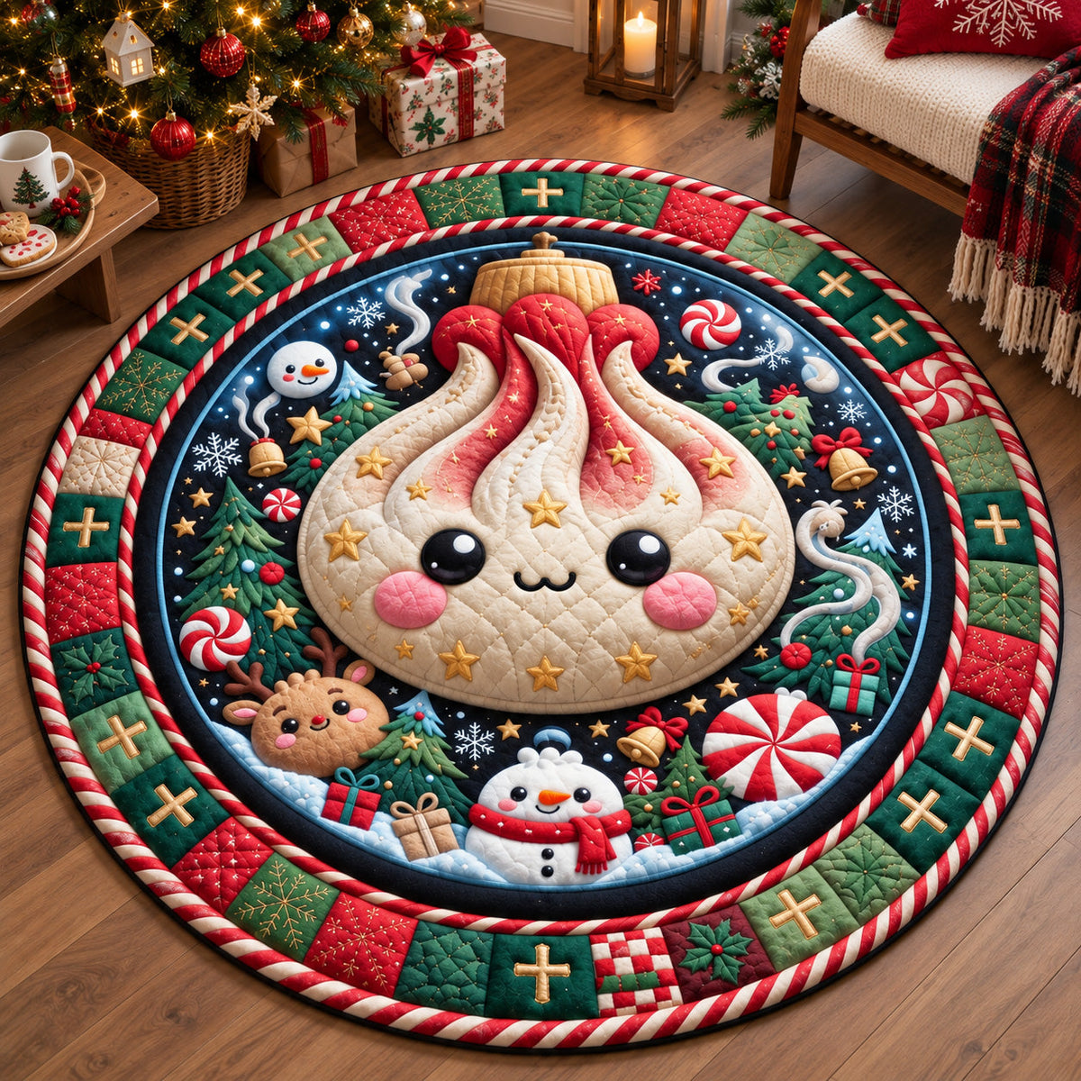 Christmas Dumpling Round Mat Rug - Seasonal Design | Festive Home Decor - washable non-slip printed rug