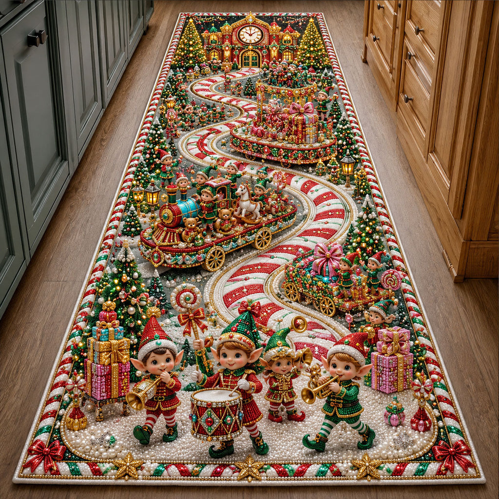 Christmas Elf Parade Runner Rug - Seasonal Design | Festive Runner Rug - washable non-slip printed rug