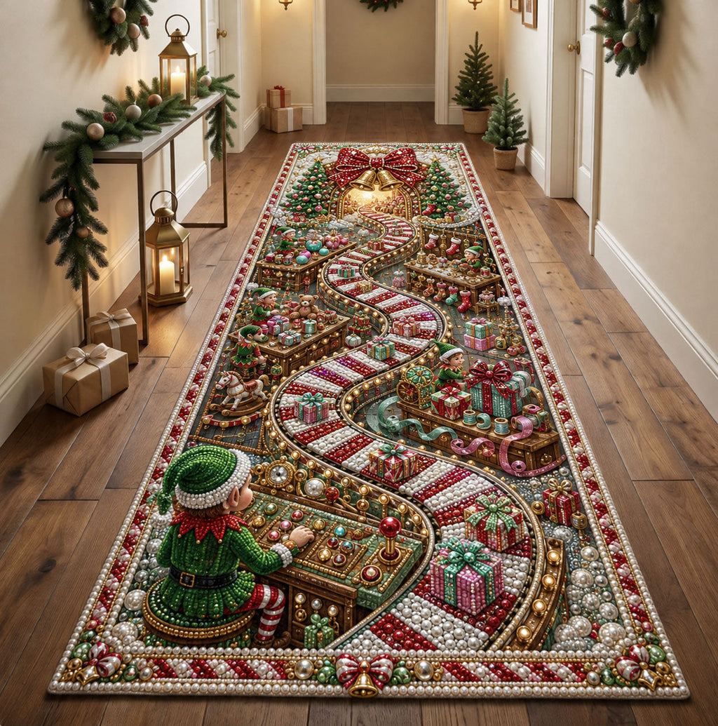 Christmas Elf Workshop Runner Rug - Seasonal Design | Festive Runner Rug - washable non-slip printed rug
