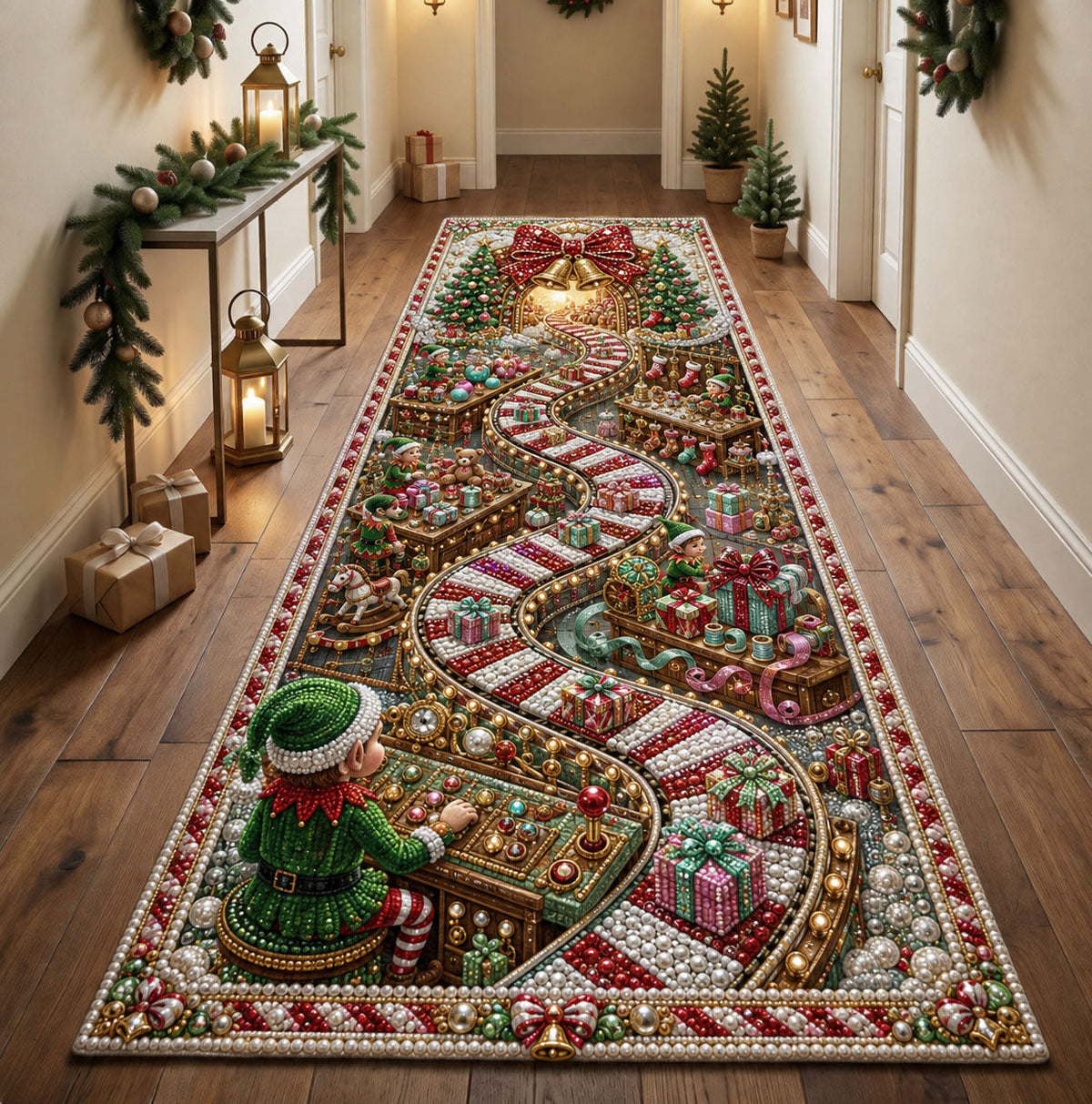 Christmas Elf Workshop Runner Rug - Seasonal Design | Festive Runner Rug - washable non-slip printed rug