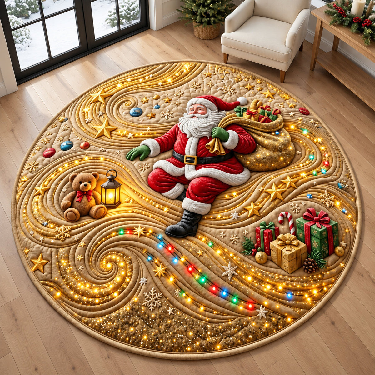 Christmas Flow Quilted Round Mat  C3 Round Mat Rug - Seasonal Design | Festive Home Decor - washable non-slip printed rug