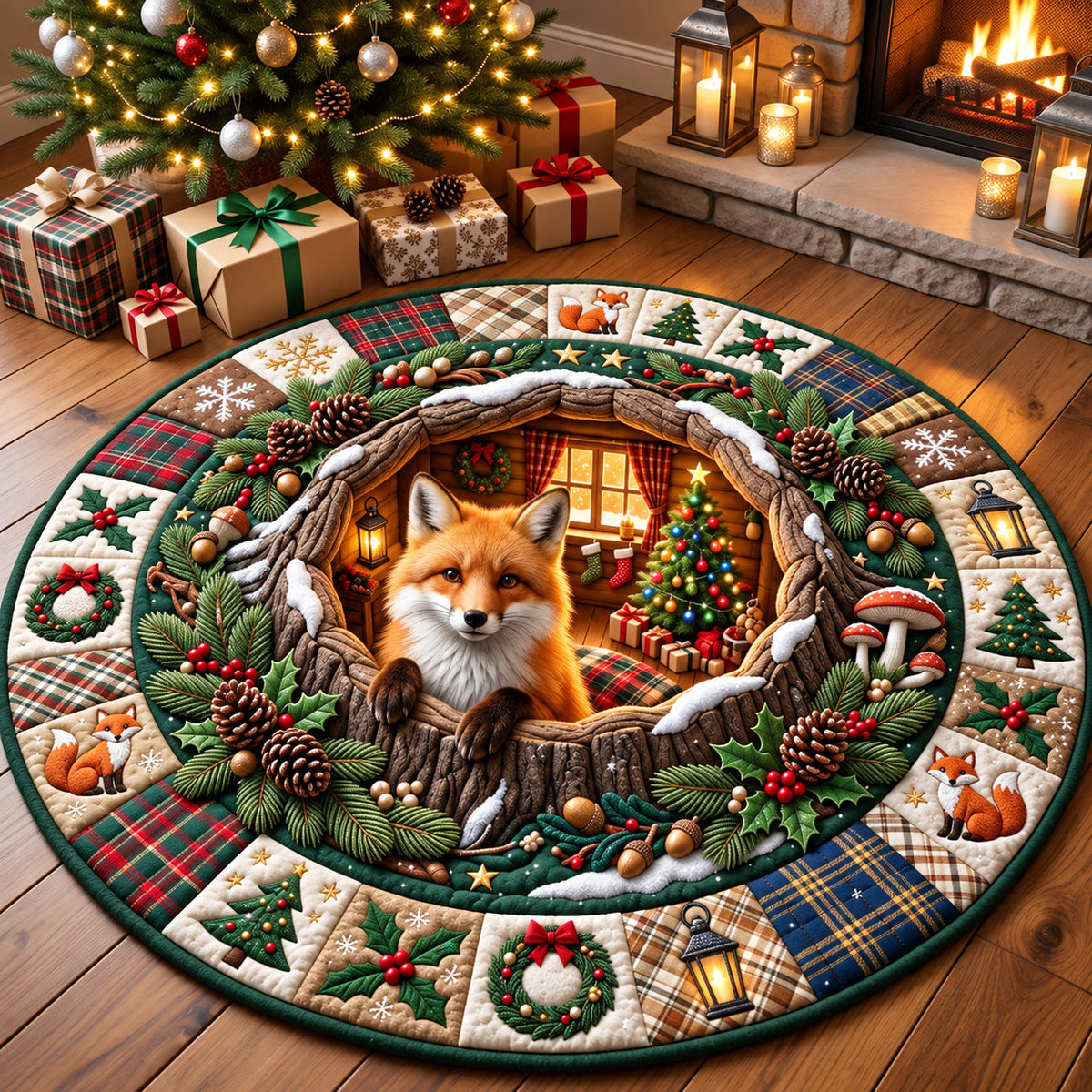 Christmas Fox Round Mat Rug - Seasonal Design | Festive Home Decor - washable non-slip printed rug