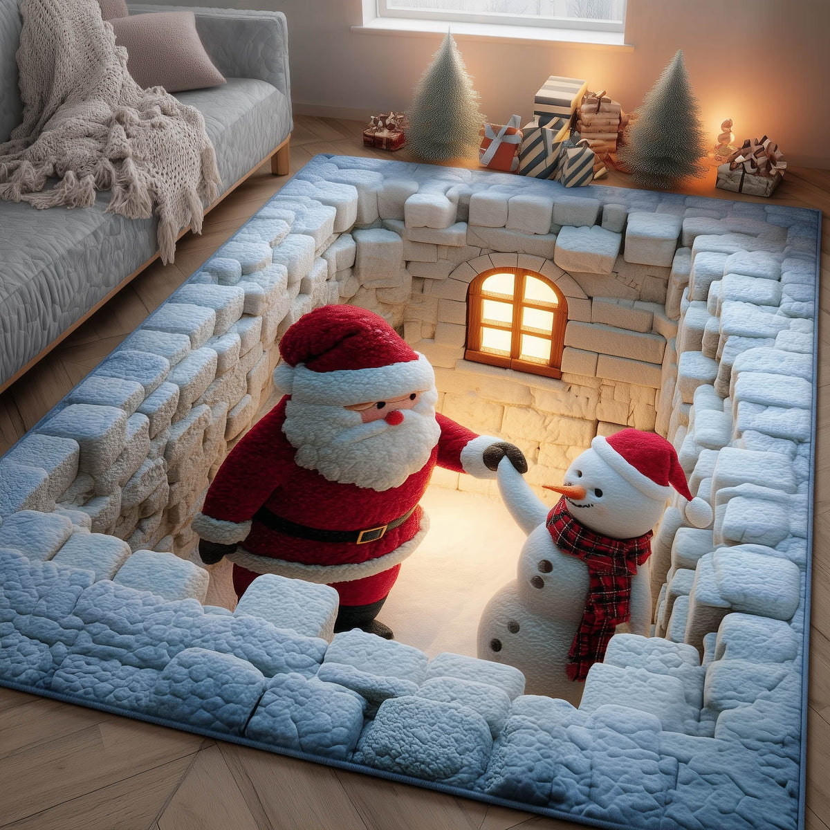 Christmas Friends area rug in a living room