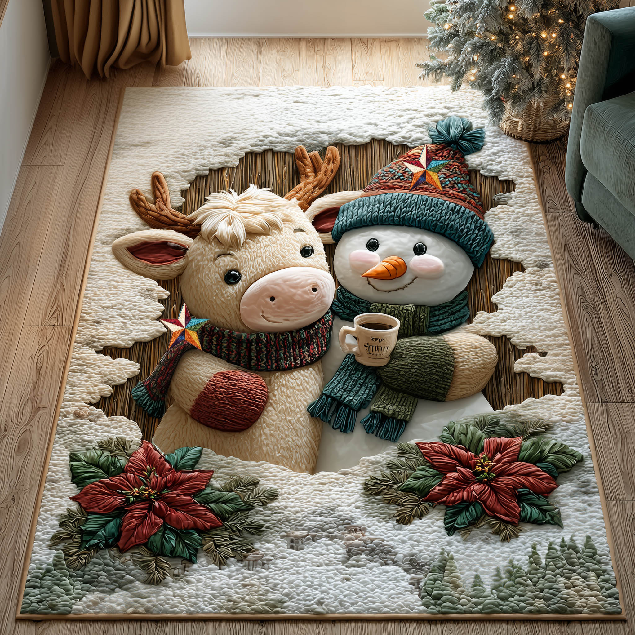 Christmas Friends area rug in a living room
