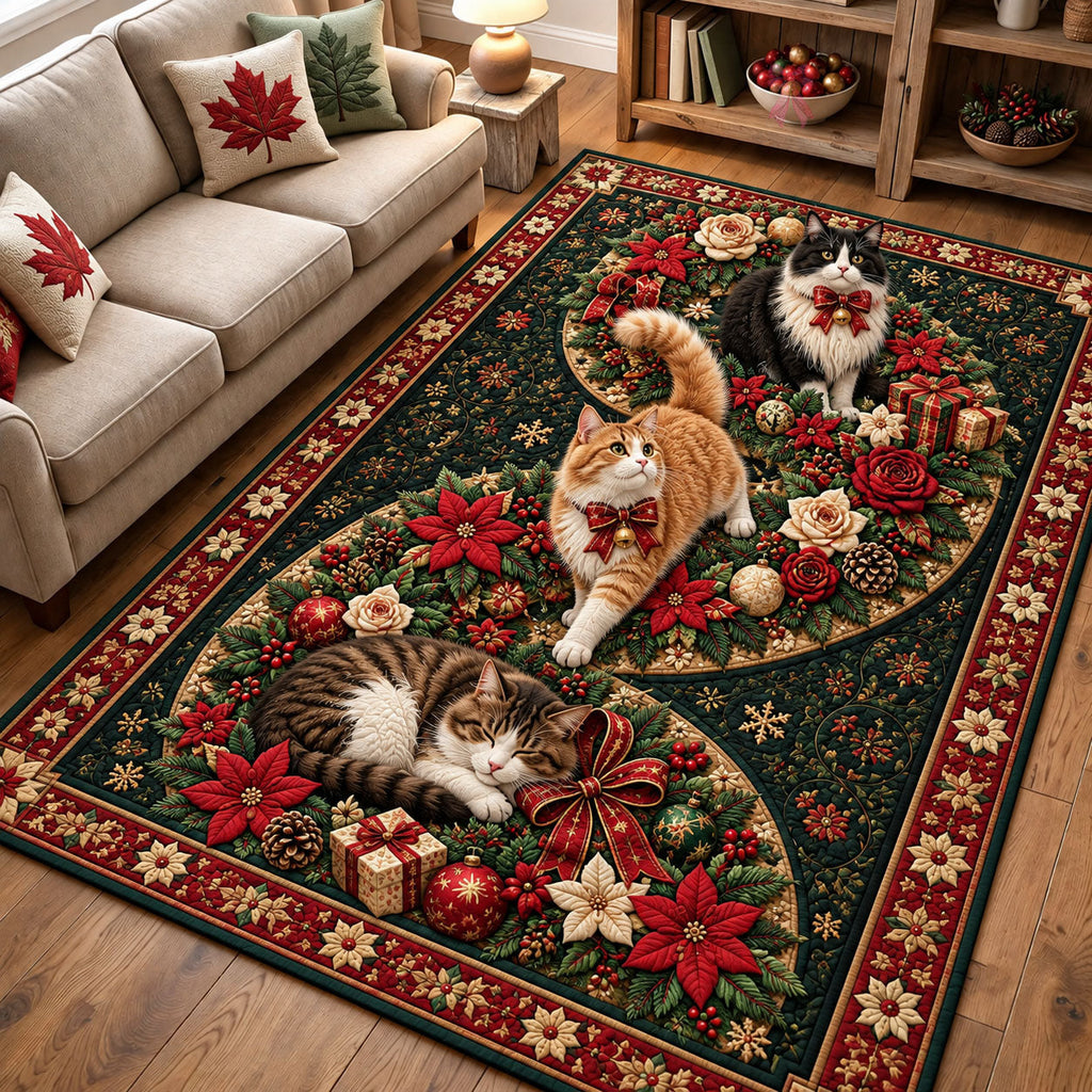 Christmas Garden Cats area rug in a living room