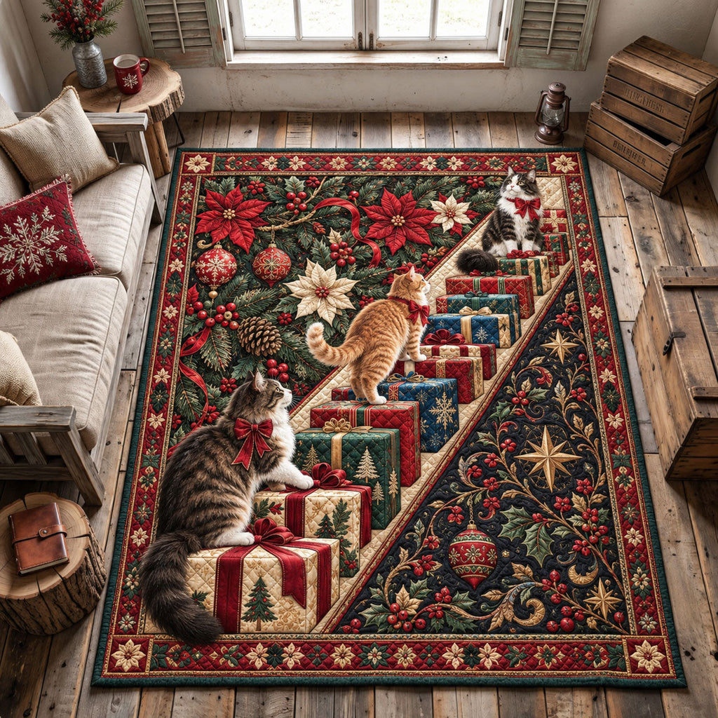 Christmas Gift Cats area rug in a living room