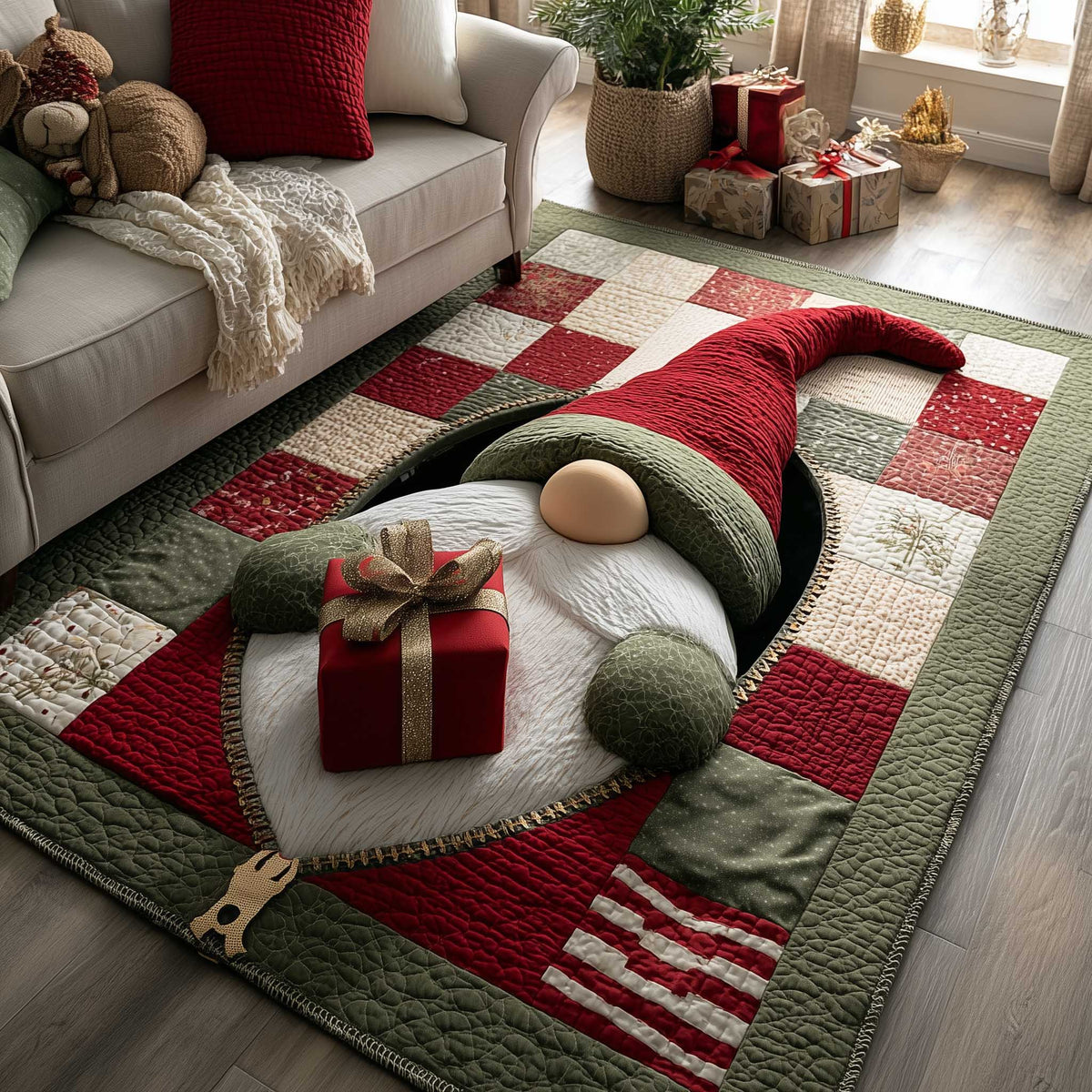 Christmas Gnome area rug in a living room