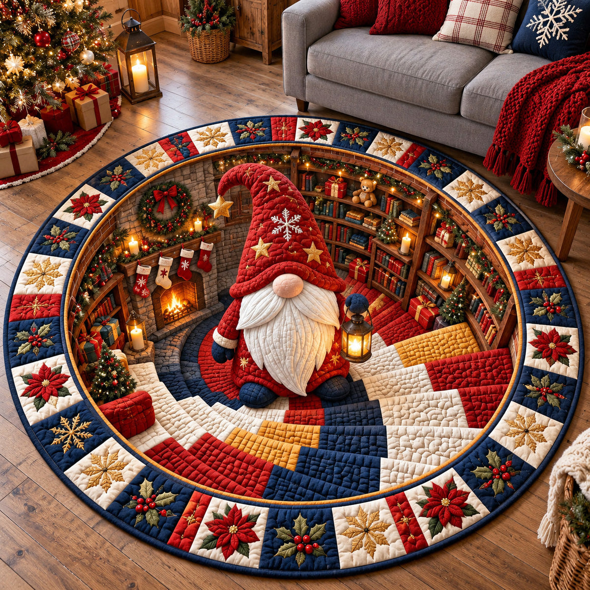 Christmas Gnome Hole Round Mat Rug - Seasonal Design | Festive Home Decor - washable non-slip printed rug