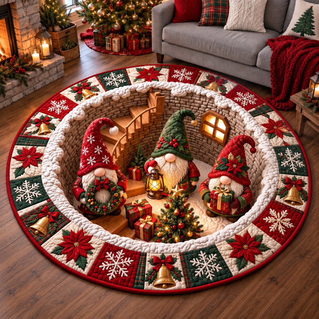 Christmas Gnome Hole Round Mat Rug - Seasonal Design | Seasonal Round Rug - washable non-slip printed rug