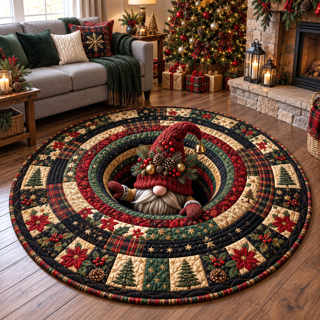 Christmas Gnome Hole Round Mat Rug - Seasonal Design | Seasonal Round Area Rug - washable non-slip printed rug