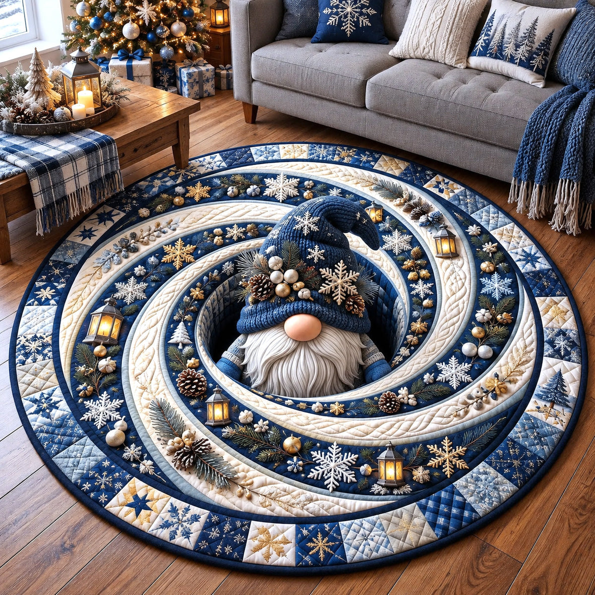 Christmas Gnome Hole Round Mat Rug - Seasonal Design | Seasonal Circle Rug - washable non-slip printed rug