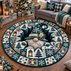 Christmas Gnome Hole Round Mat Rug - Seasonal Design | Seasonal Round Carpet - washable non-slip printed rug