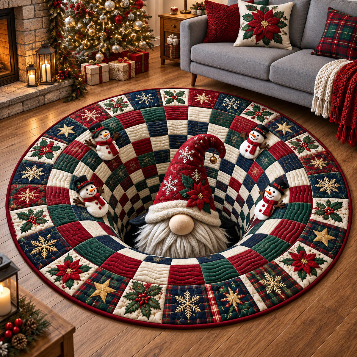 Christmas Gnome Hole Round Mat Rug - Seasonal Design | Seasonal Round Living Room Rug - washable non-slip printed rug