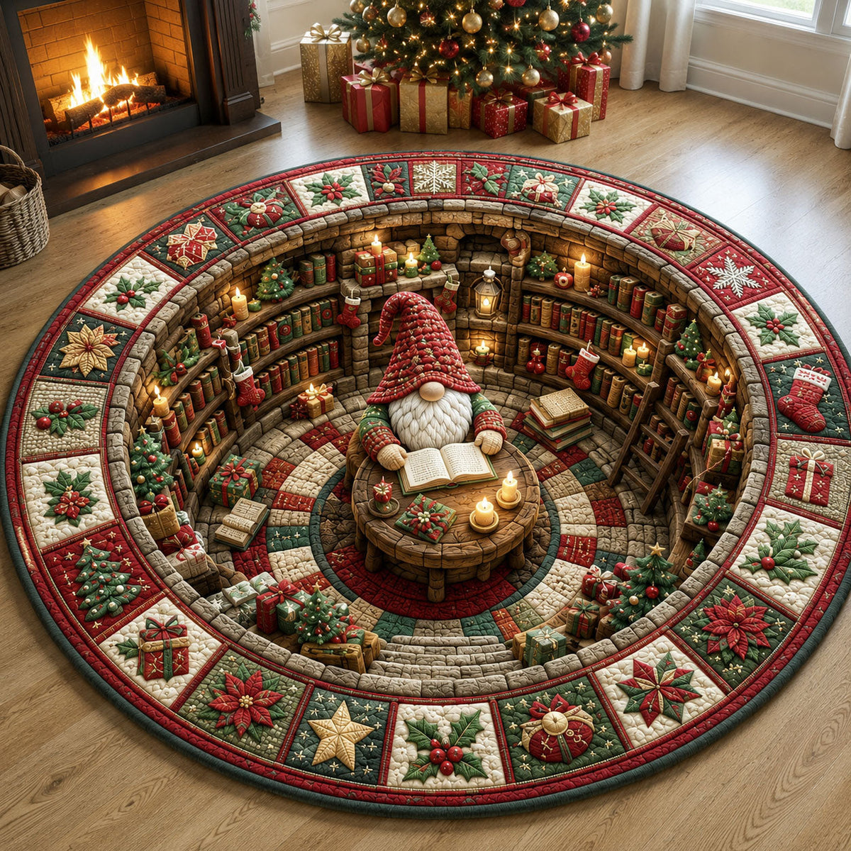 Christmas Gnome Library Round Mat Rug - Seasonal Design | Festive Home Decor - washable non-slip printed rug