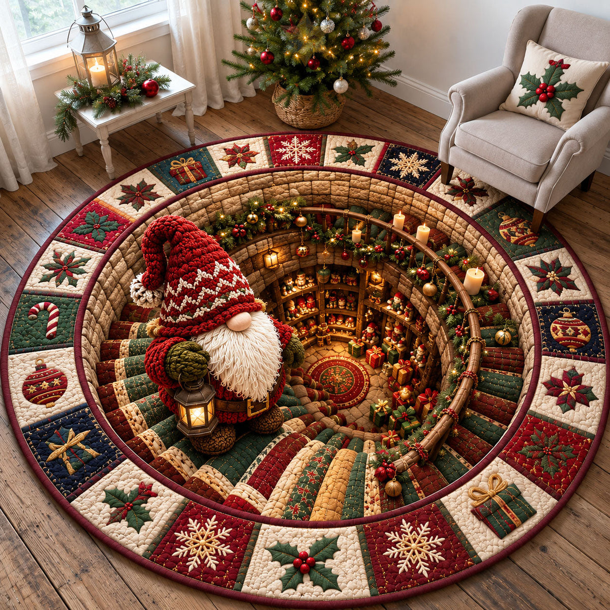 Christmas Gnome Wonderland Round Mat Rug - Seasonal Design | Festive Home Decor - washable non-slip printed rug