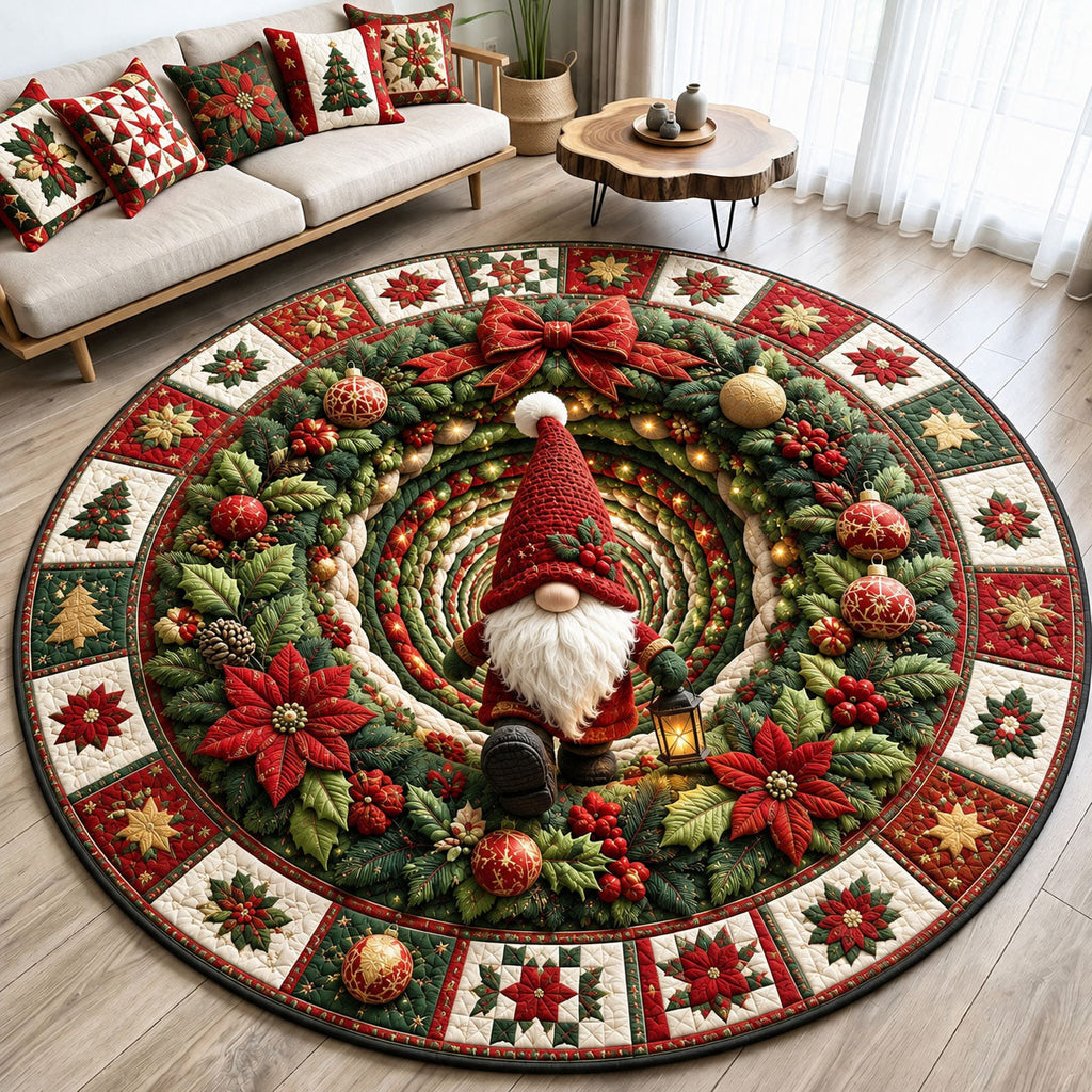 Christmas Gnome Wreath Round Mat Rug - Seasonal Design | Festive Home Decor - washable non-slip printed rug