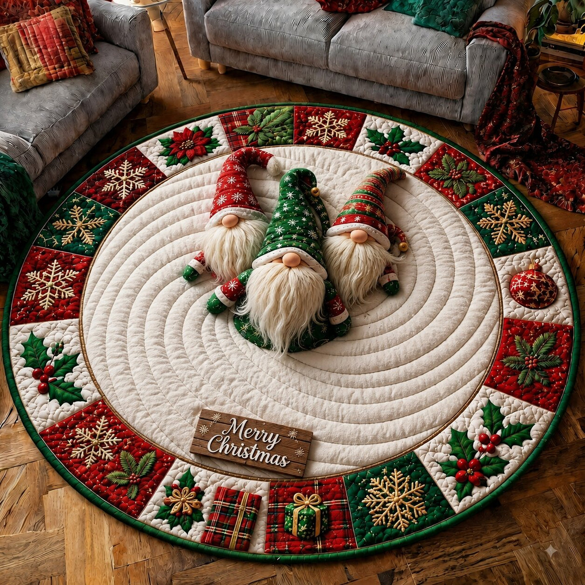 Christmas Gnomes Party Round Mat Rug - Seasonal Design | Festive Home Decor - washable non-slip printed rug