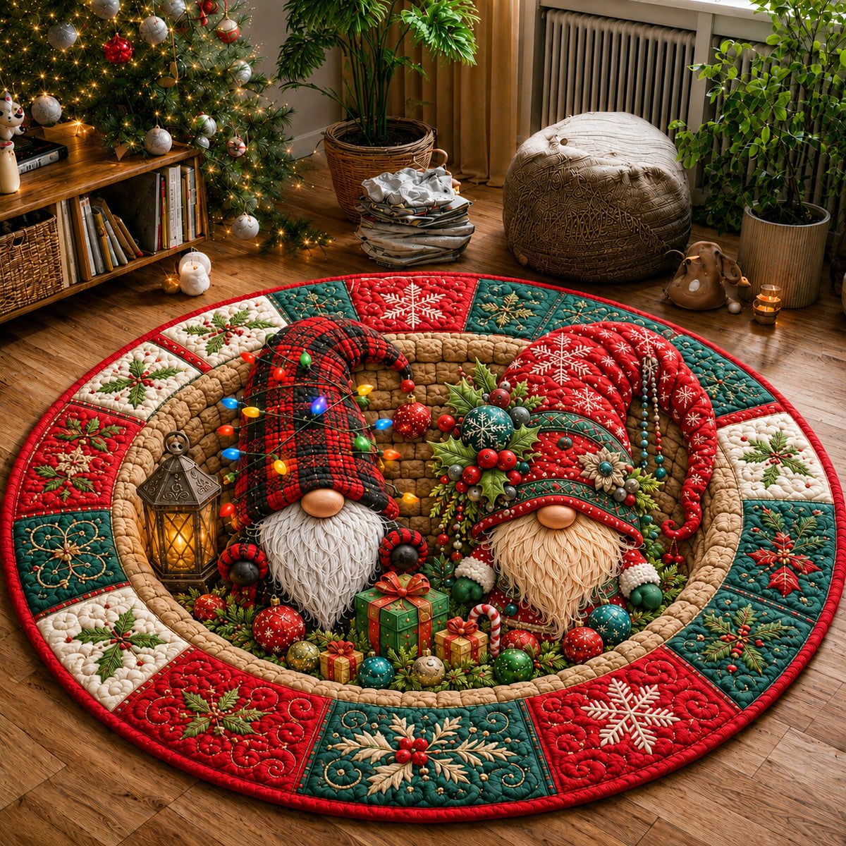 Christmas Gnomes Village Round Mat Rug - Seasonal Design | Festive Home Decor - washable non-slip printed rug