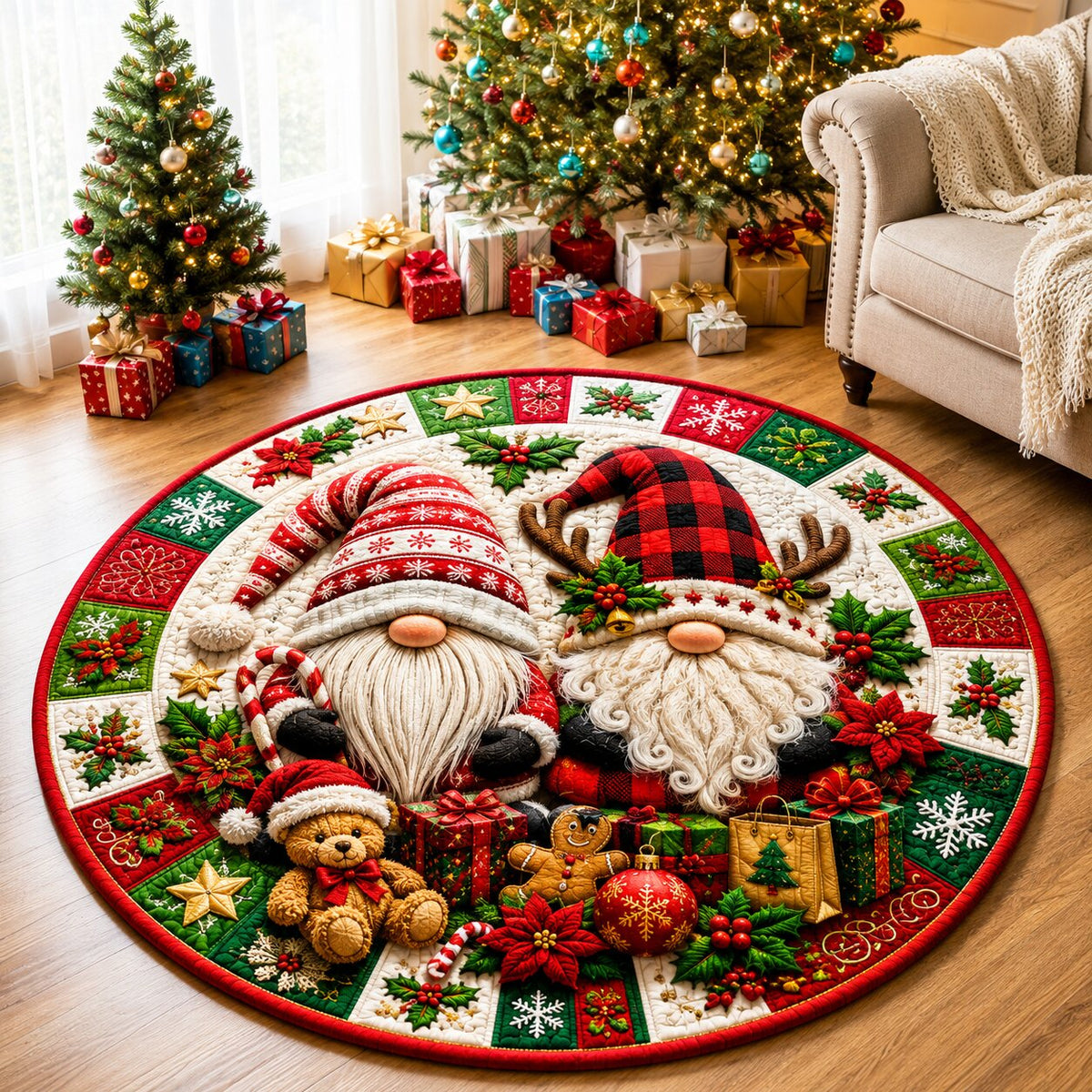Christmas Gnomes Winter Round Mat Rug - Seasonal Design | Festive Home Decor - washable non-slip printed rug