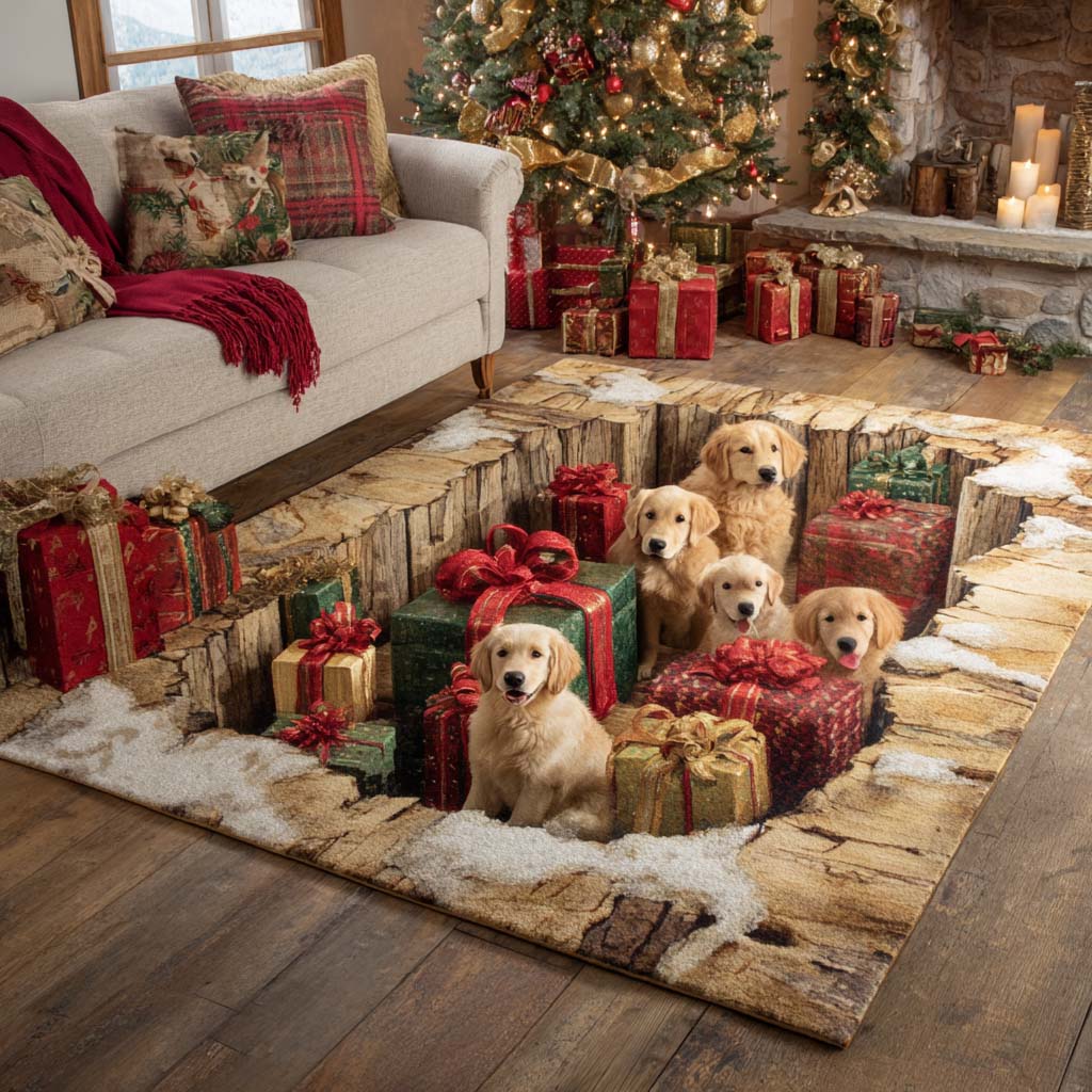 Christmas Golden Retriever area rug in a living room