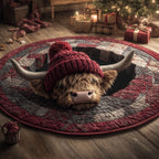 Christmas Highland Cow Round Mat Rug - washable non-slip printed rug
