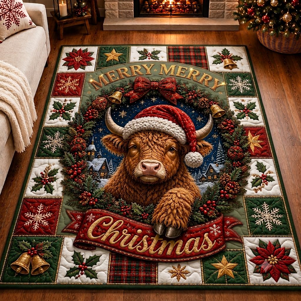 Christmas Highland Magic area rug in a living room