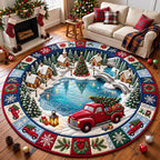 Christmas Lake Truck Round Mat Rug - Seasonal Design | Festive Home Decor - washable non-slip printed rug
