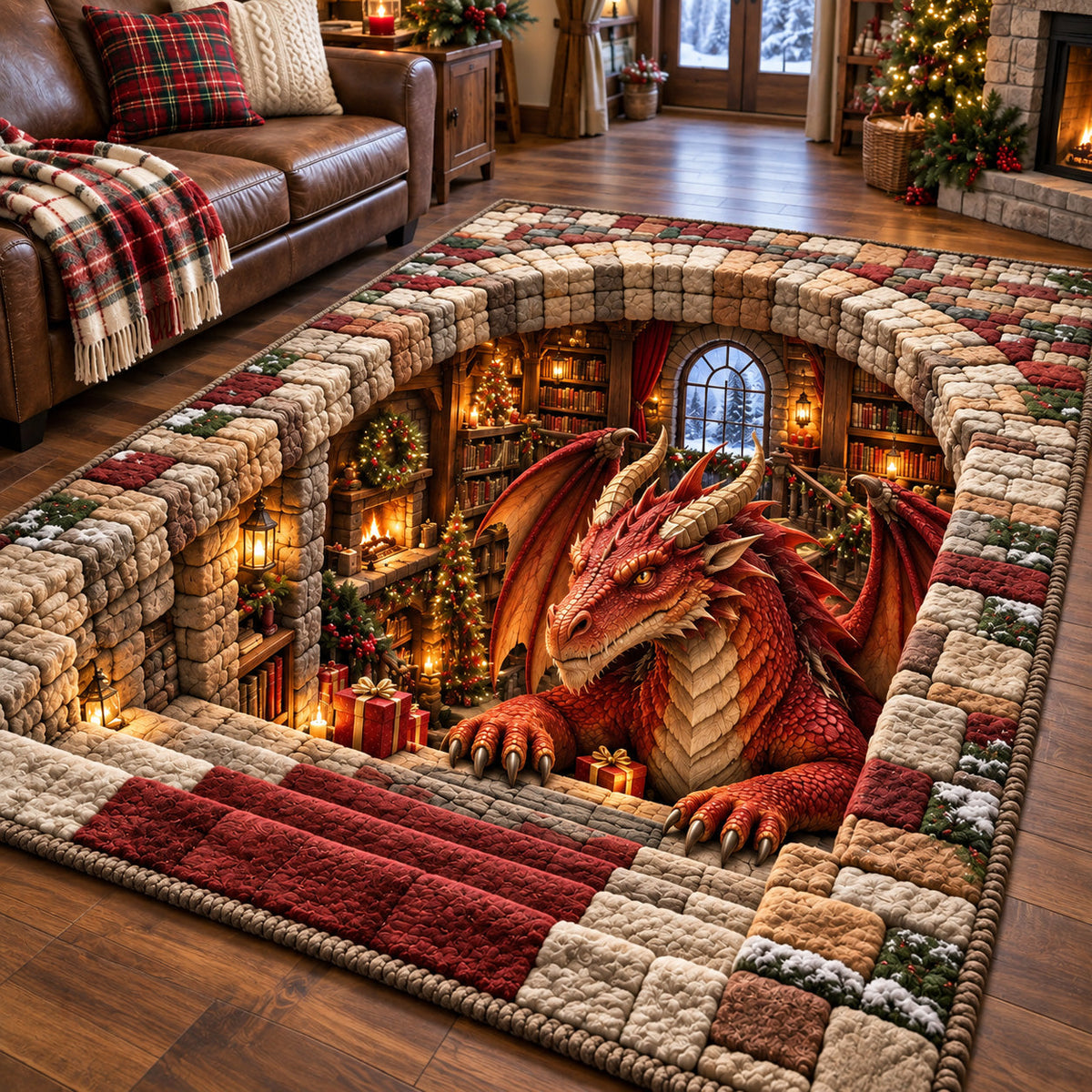 Christmas Library Dragon area rug in a living room