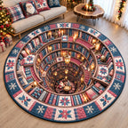 Christmas Library Portal Round Mat Rug - Seasonal Design | Festive Home Decor - washable non-slip printed rug