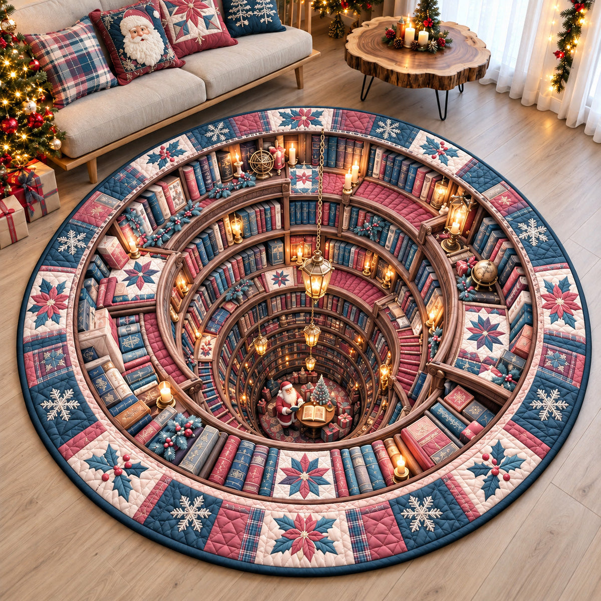 Christmas Library Portal Round Mat Rug - Seasonal Design | Festive Home Decor - washable non-slip printed rug