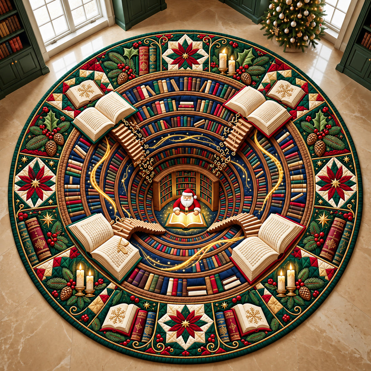 Christmas Library Round Mat Rug - Seasonal Design | Festive Home Decor - washable non-slip printed rug