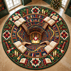 Christmas Library Round Mat Rug - Seasonal Design | Festive Home Decor - washable non-slip printed rug