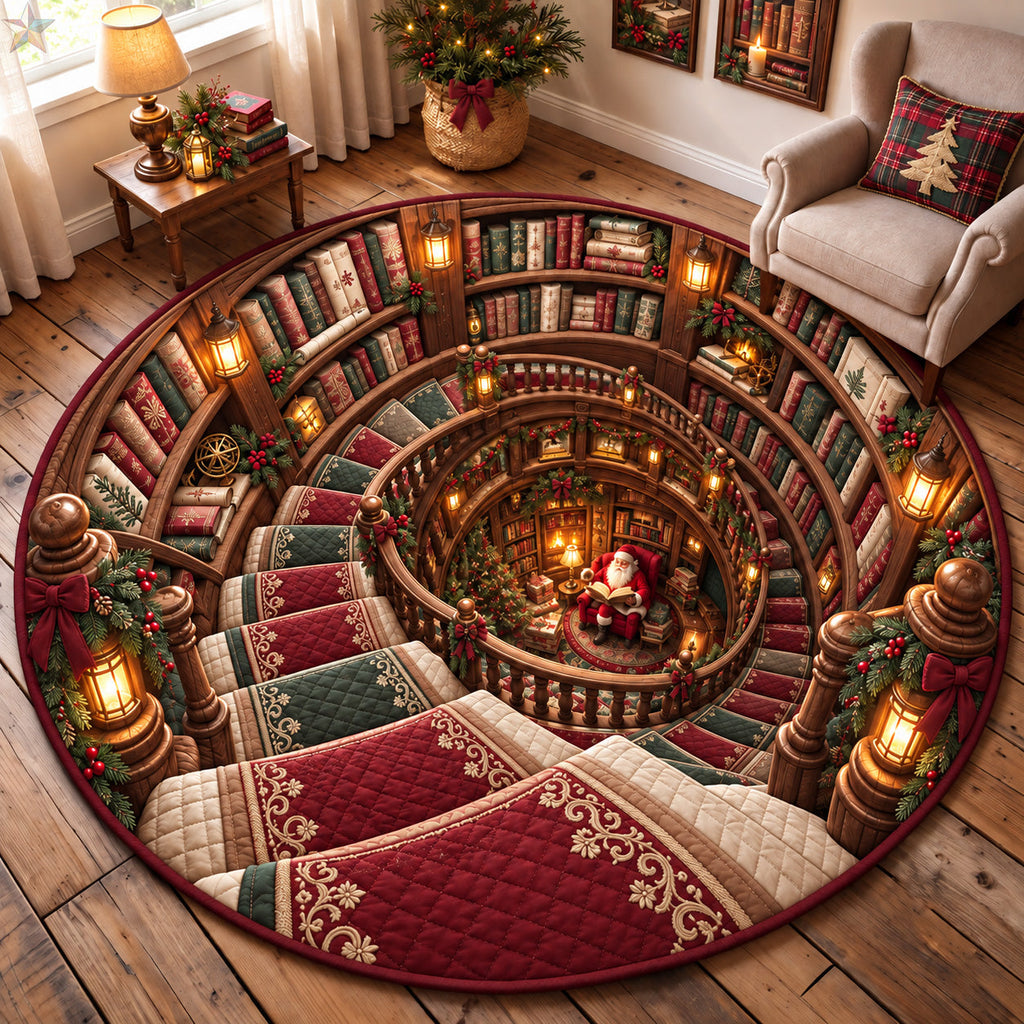 Christmas Library Staircase Round Mat Rug - Seasonal Design | Festive Home Decor - washable non-slip printed rug