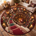 Christmas Library Staircase Round Mat Rug - Seasonal Design | Festive Home Decor - washable non-slip printed rug