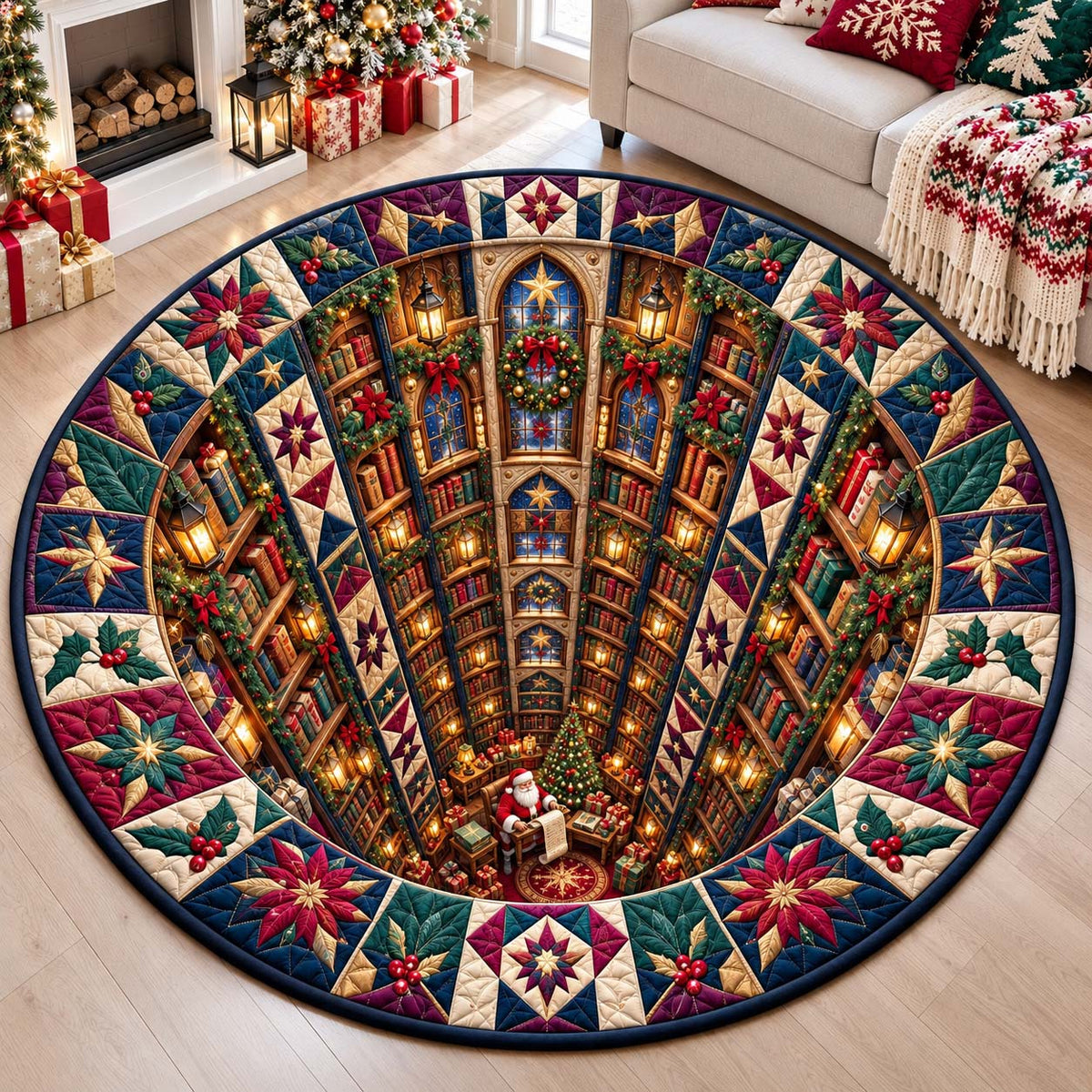 Christmas Library Tunnel Round Mat Rug - Seasonal Design | Festive Home Decor - washable non-slip printed rug