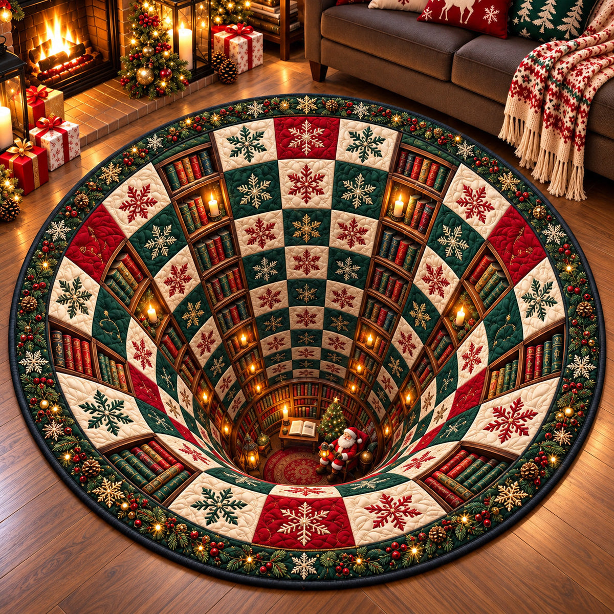 Christmas Library Vortex Round Mat Rug - Seasonal Design | Festive Home Decor - washable non-slip printed rug