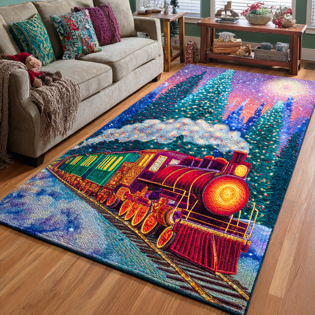 Christmas Locomotion area rug in a living room