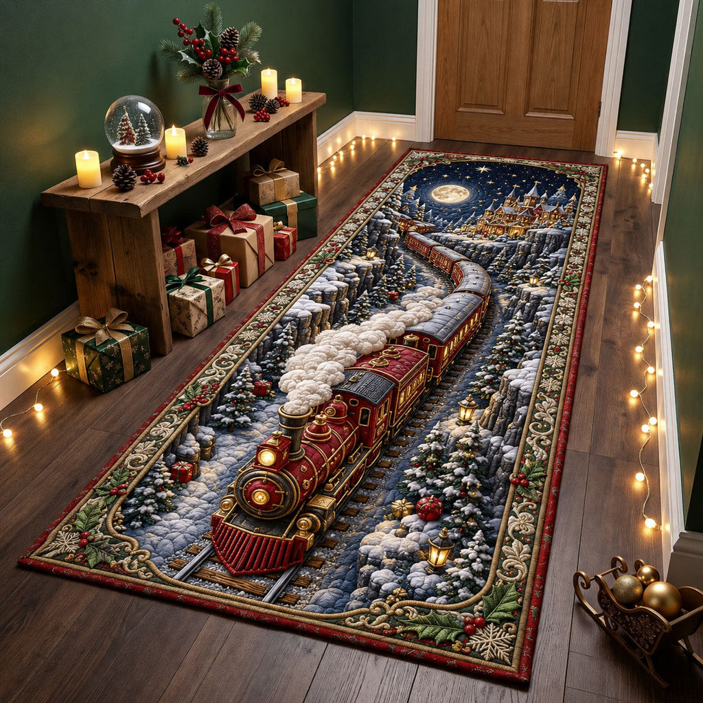 Christmas Moonlight Train Runner Rug - Seasonal Design | Festive Runner Rug - washable non-slip printed rug