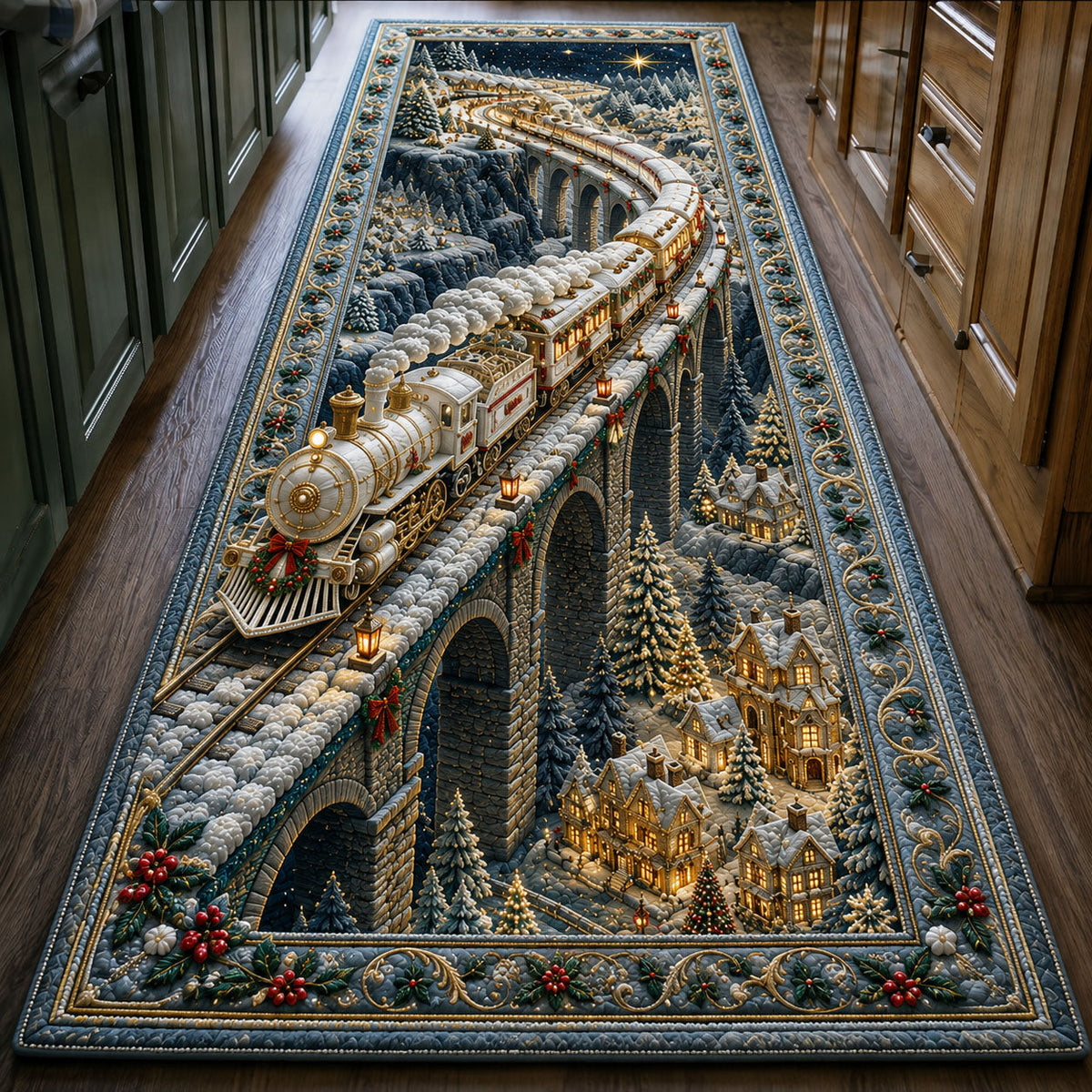 Christmas Mountain Express Runner Rug - Seasonal Design | Festive Runner Rug - washable non-slip printed rug