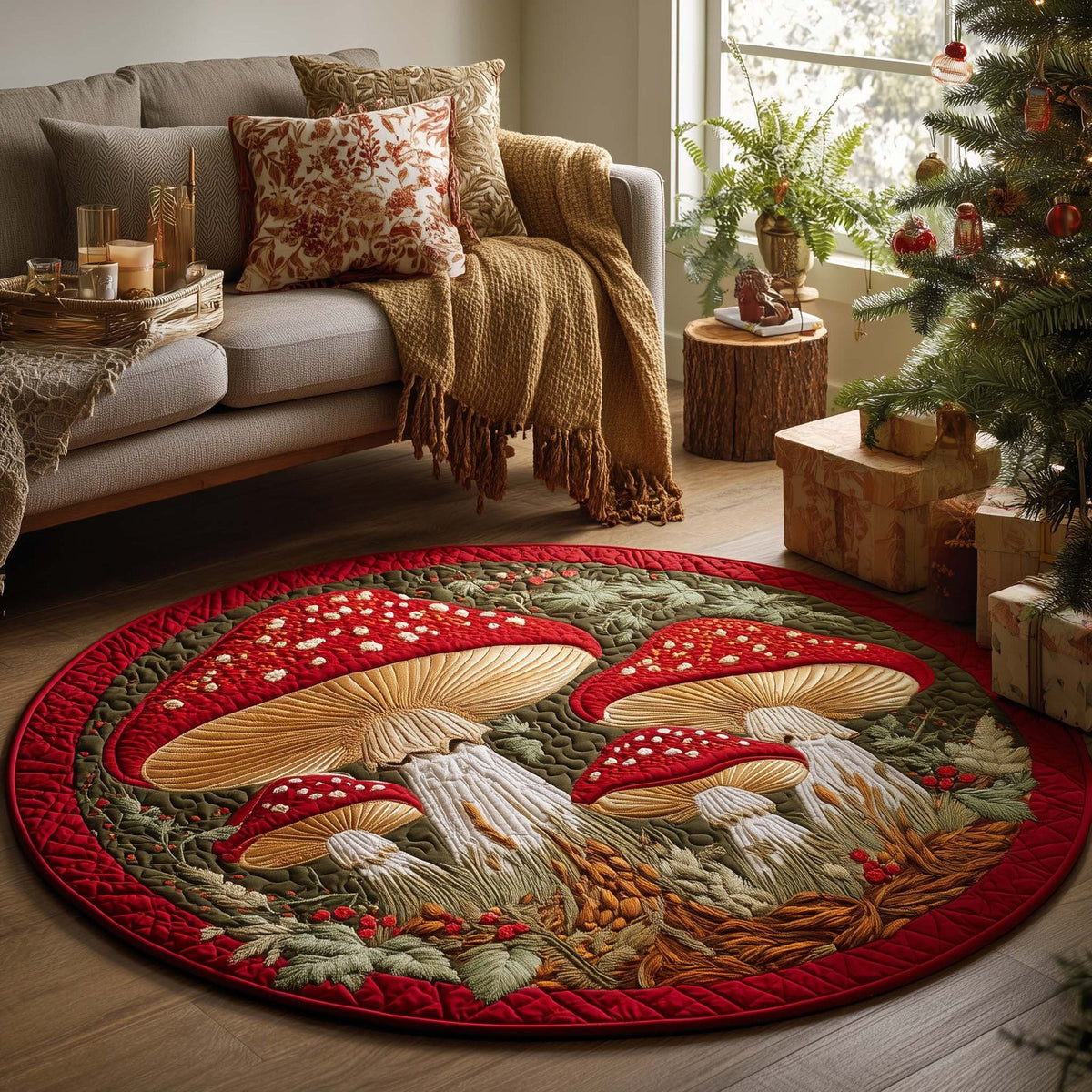 Christmas Mushroom Meadow Round Mat Rug - washable non-slip printed rug