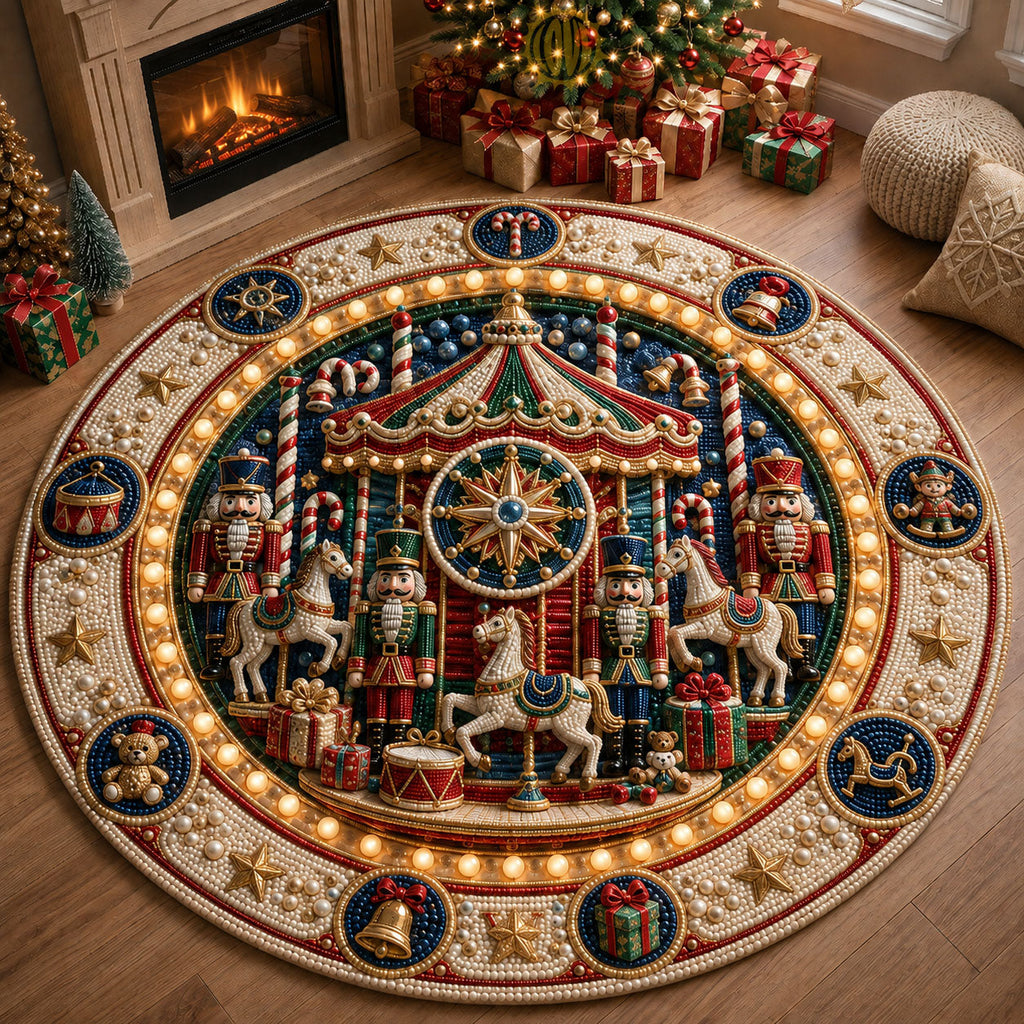 Christmas Nutcracker Carousel Round Mat Rug - Seasonal Design | Festive Home Decor - washable non-slip printed rug